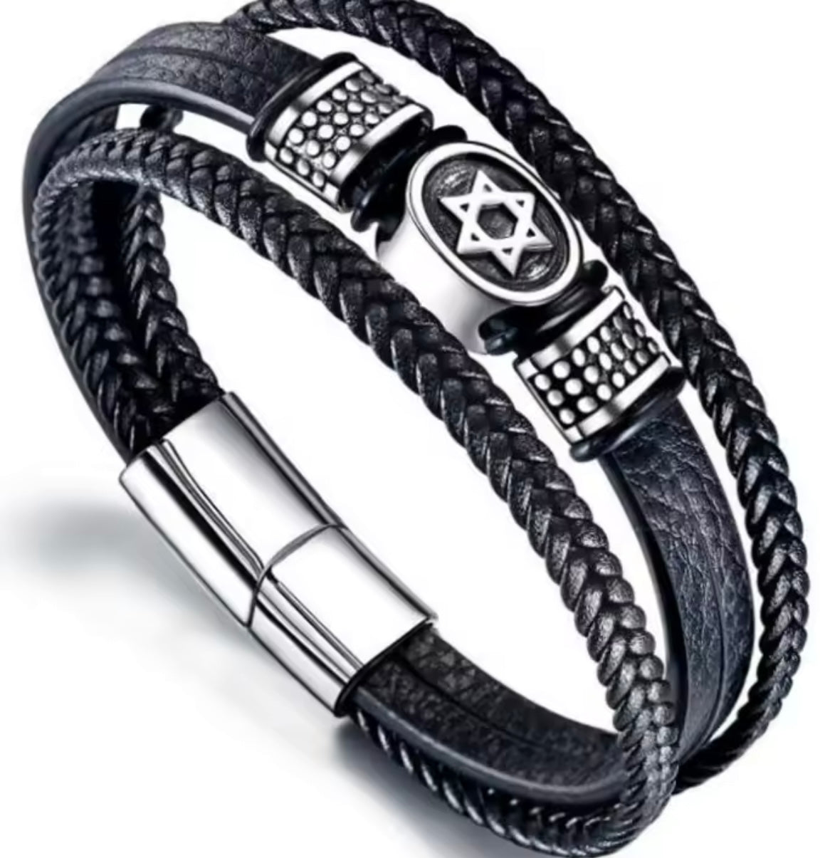 Mens Fashion Stainless Steel Star of David Layered Leather Braided Bracelet for Men