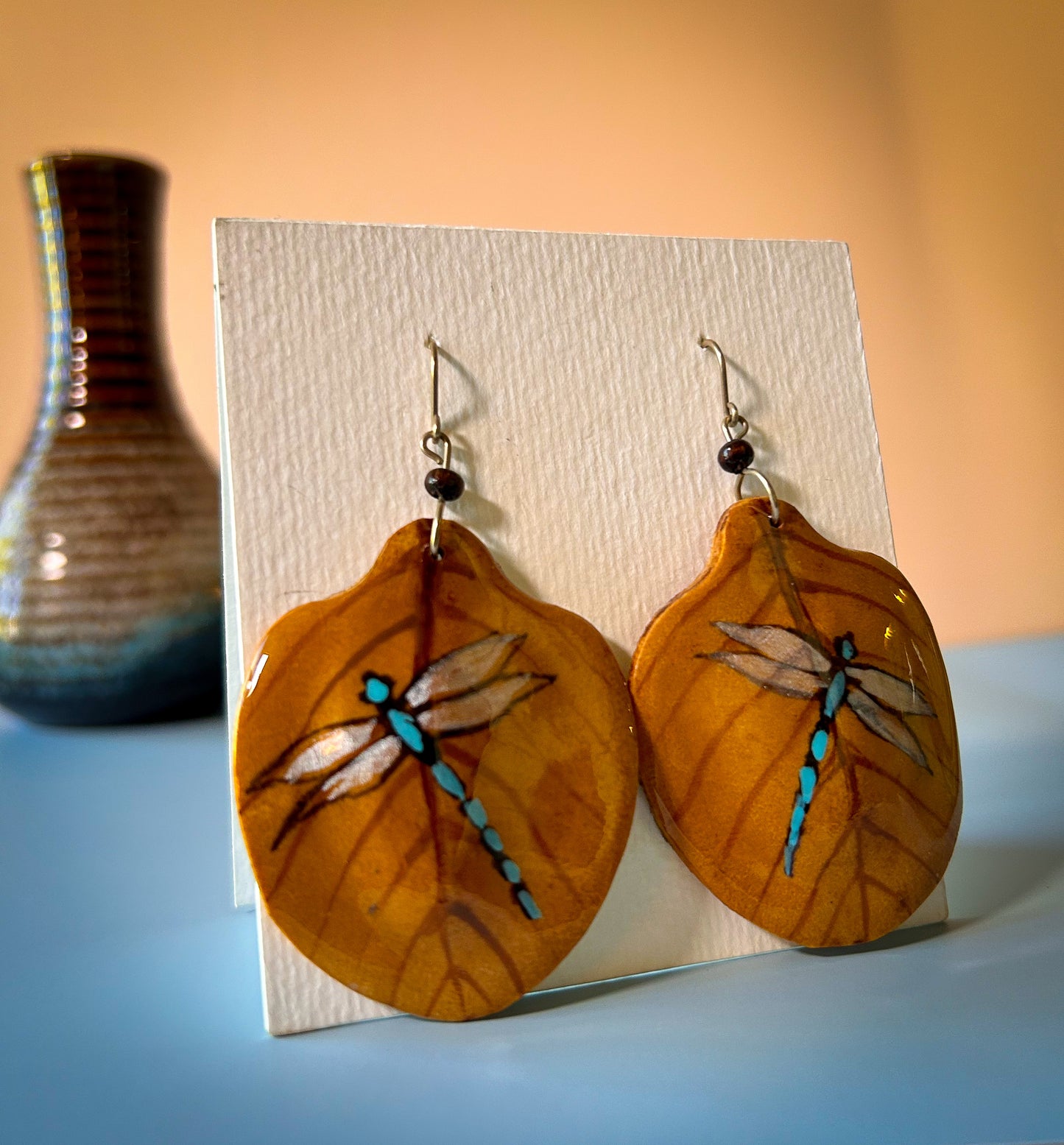 Dragonfly Hand painted morro seed earrings