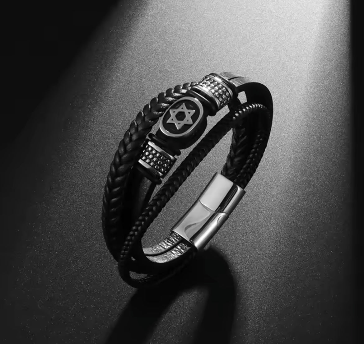 Mens Fashion Stainless Steel Star of David Layered Leather Braided Bracelet for Men