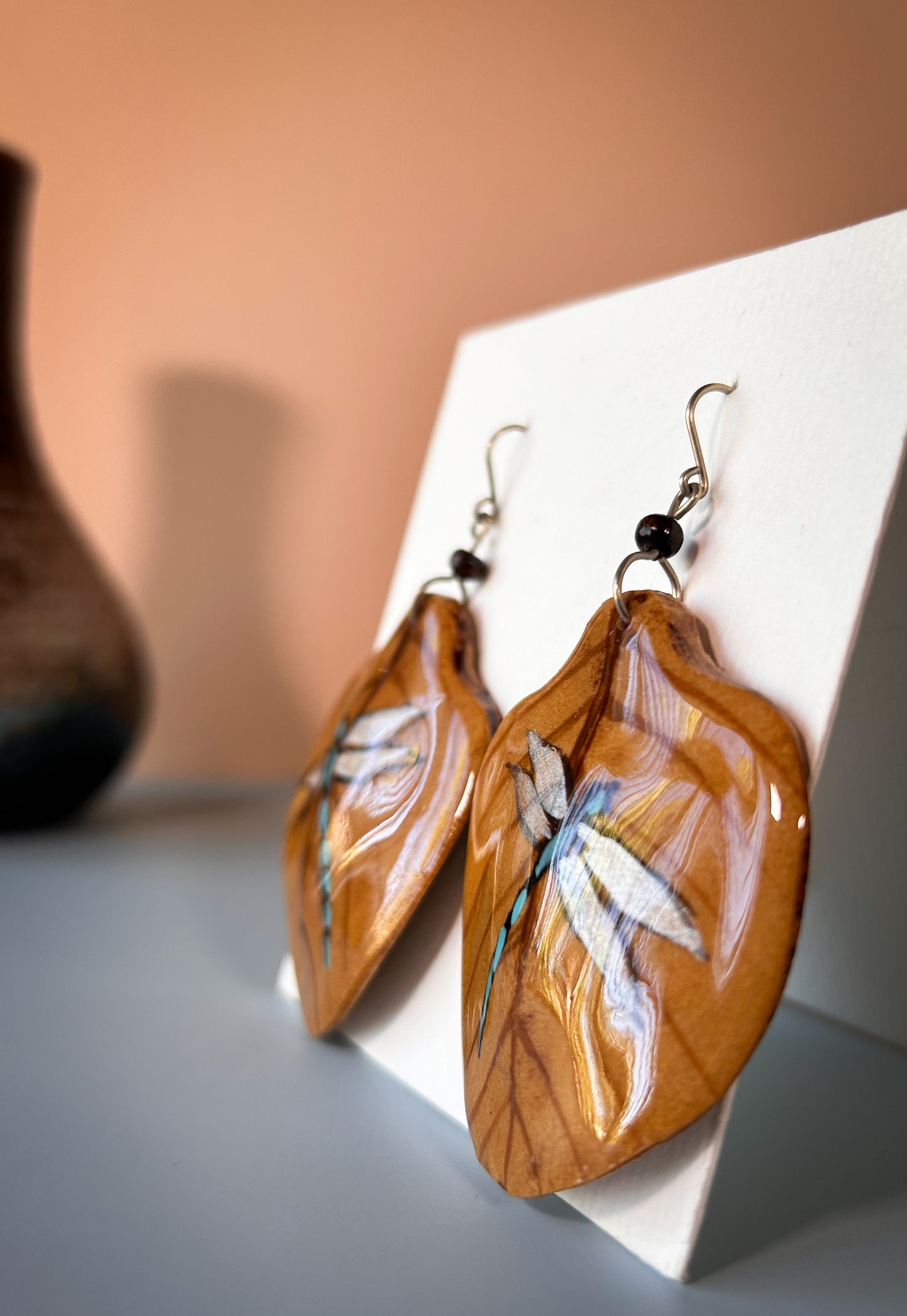 Dragonfly Hand painted morro seed earrings
