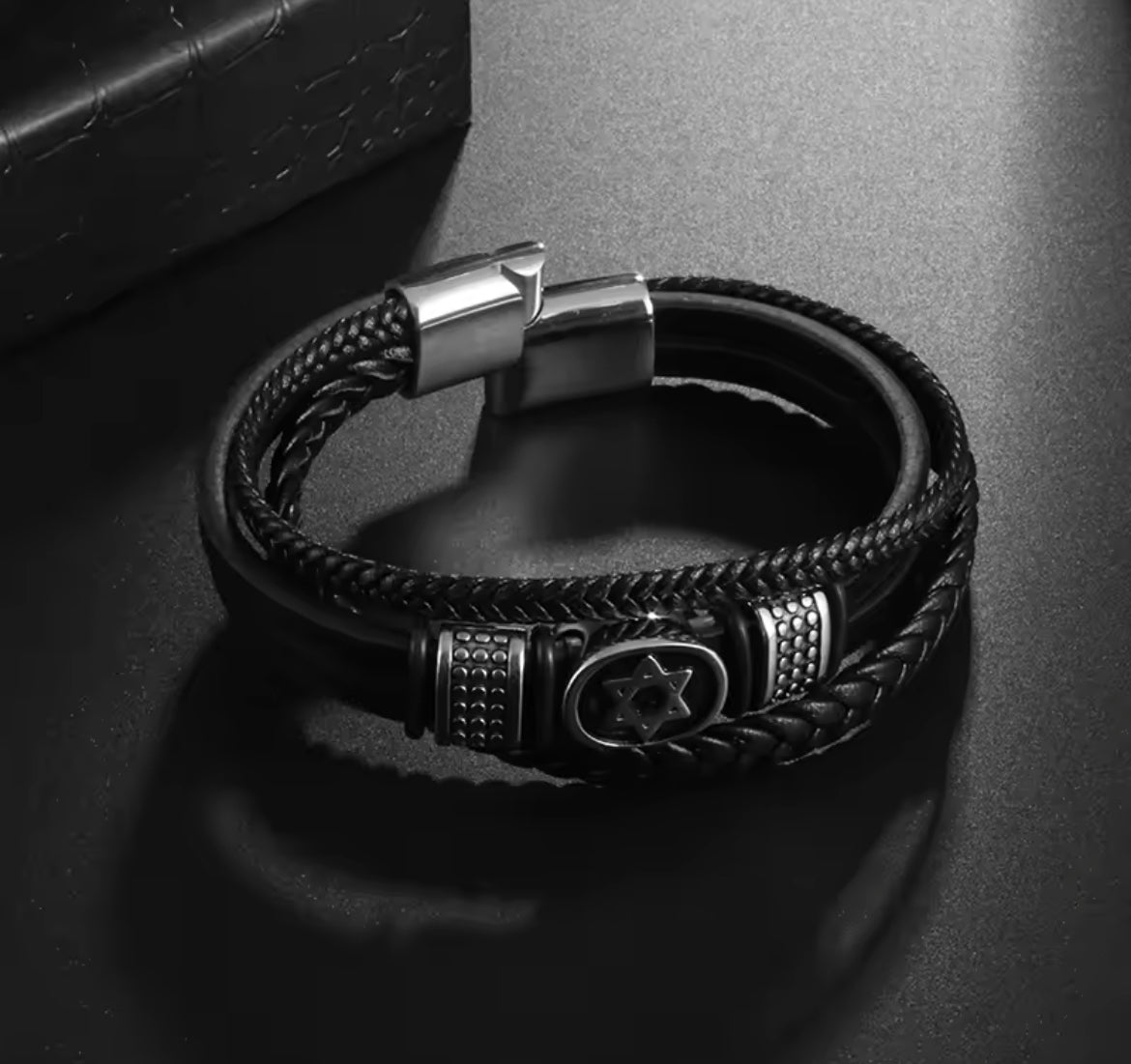 Mens Fashion Stainless Steel Star of David Layered Leather Braided Bracelet for Men