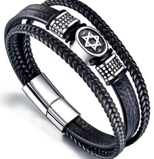 Mens Fashion Stainless Steel Star of David Layered Leather Braided Bracelet for Men