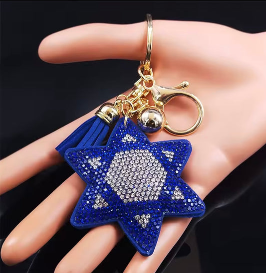 Star of David - Judaism Hexagram Blue Crystal Accessories Women Gold Color Key Chain Jewelry